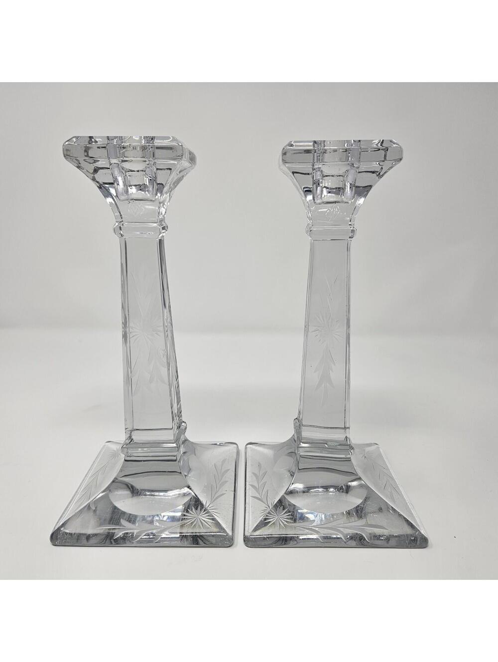 2 Heisey Aristocrat Hughes Cornflower Cut Glass Candlesticks  Marked, Imperfect